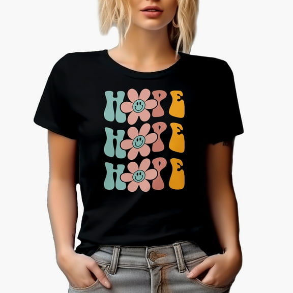 Hope with Flowers, Expecting Good Things Themed, Groovy Retro Wavy Text Merch Gift, Black T-Shirt, Small