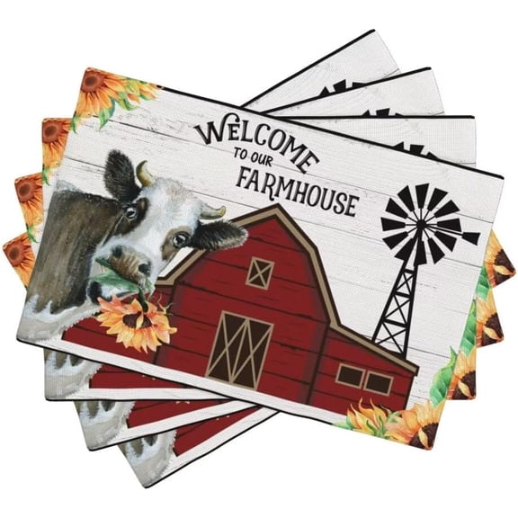 Farm Cow Placemats, Black White Checker Rustic Country Vintage Cattle Sunflowers Red Barn Print Table Mats Placemat for Kitchen Dining Table, 12x18 Inch, 4PCS