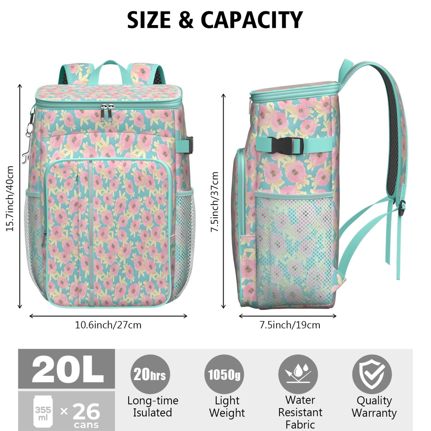 Travel Cooler Bag - Pioneer Flower Floral Print Pattern Camping Beer Cooler Backpack with Bottle Opener- Waterproof Insulated Picnic Backpacks - Cooler Bag for Beach