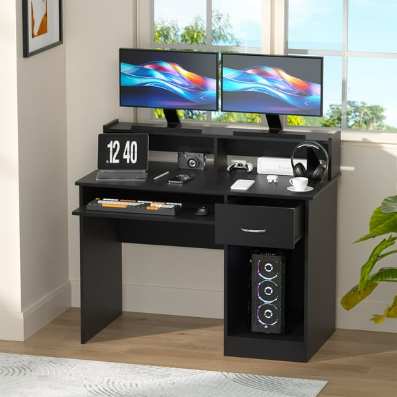 CL.HPAHKL 43 inch Computer Desk with Drawers, Small Office Desk Wood Study Writing Table with Monitor Stand & Keyboard Tray for Home Office, Small Spaces, Black