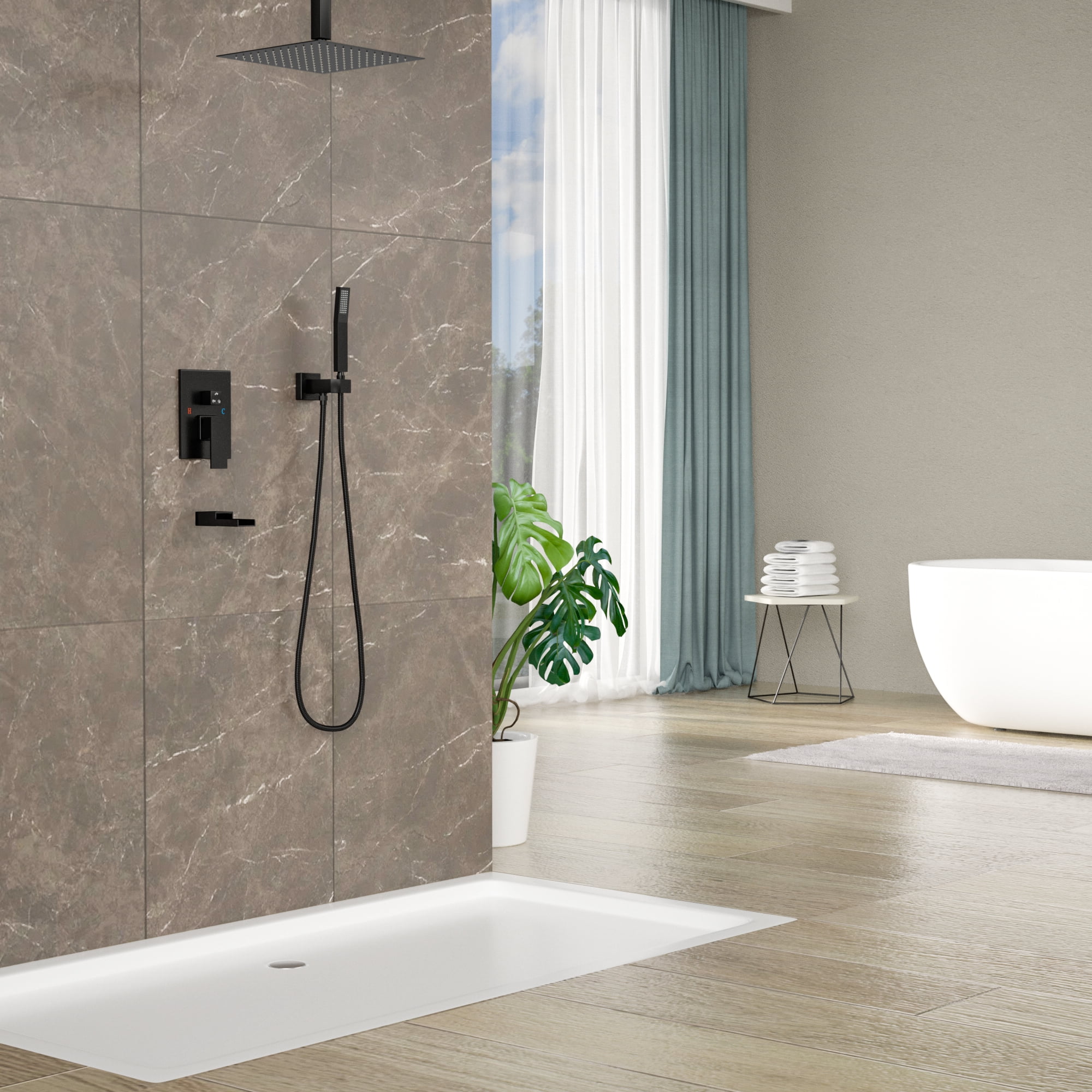 Kichae 16" Square Shower Head and Handheld Shower Combo with Bathroom ...