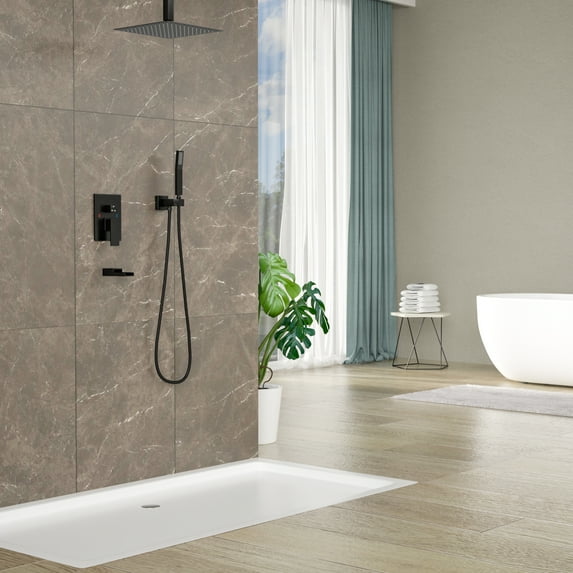 Kichae 16" Square Shower Head and Handheld Shower Combo with Bathroom Faucet Ceiling Mount in Matte Black