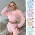 thumbnail image 2 of 9 Colors Two Piece Sexy Fluffy Pajamas Women Plush Velvet Long Sleeve Crop Tops +shorts Set Casual Warm Sports Sweatshirt (Pink as pic,S), 2 of 7