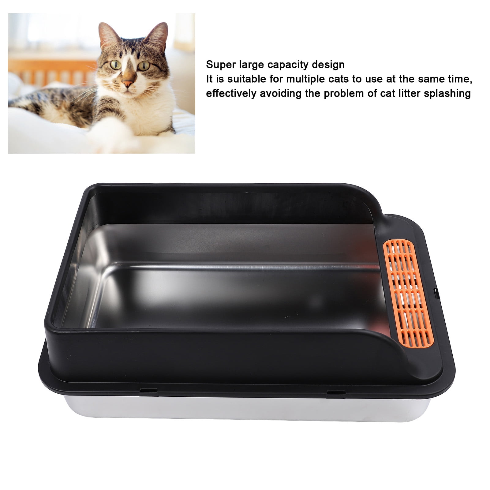 BOKYAN Large Metal Cat Litter Box Stainless Steel High Sided Anti Splashing Kitty Tray with Pedal Filter Black 20 inches / 51 cm