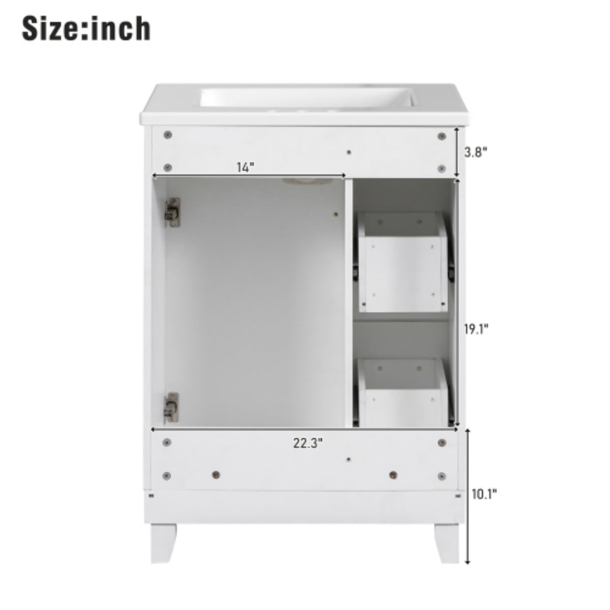 24" Bathroom Vanity with Ceramic Sink, Small Bathroom Vanity Cabinet with 2 Drawers and 1 Door, Freestanding Storage Cabinet, White