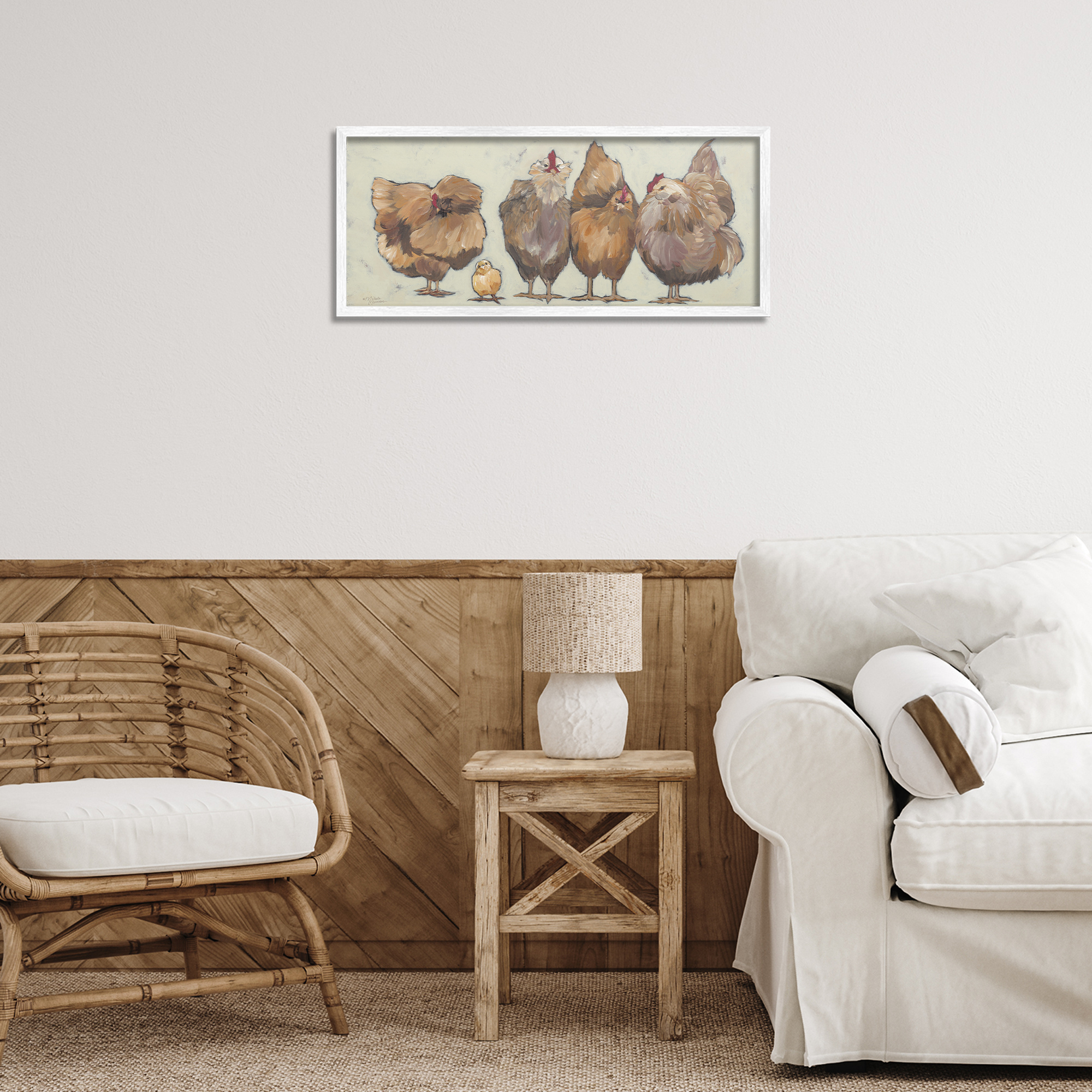 Stupell Industries Brown Hens and Chick Animals & Insects Painting White Framed Art Print Wall Art, 24 x 10
