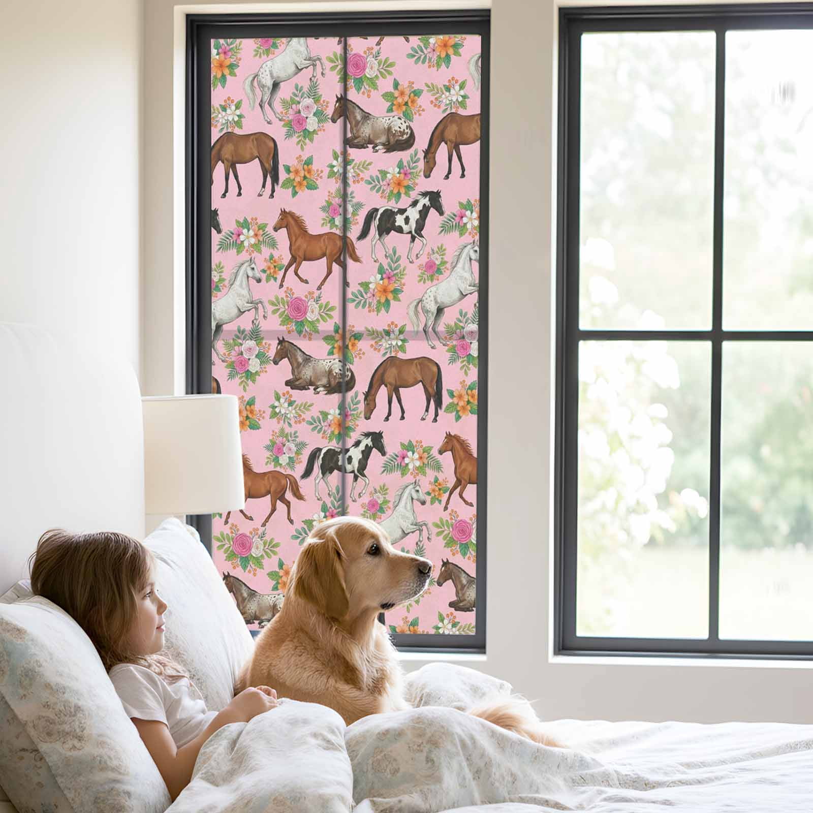 Horses Animal Window Privacy Film, Orange Flower Roses Leaf Pink Background Frosted Glass Window Clings Static Cling UV Heat Blocking Reusable Door Sticker for Bathroom 23.6 x 59 Inch