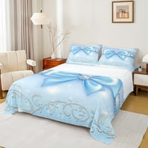 Manfei Cartoon Blue Ribbon Queen Sheet Sets, Princess Bowknot Bow Flat Sheet, Teen Boy Girl Kid Queen Fitted Sheet, Super Cozy Room Decor, 4-Piece