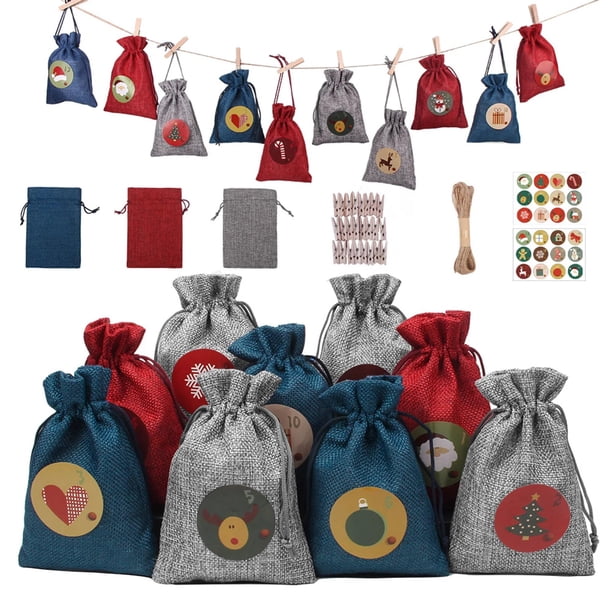 Bolsa de números DIY para Navidad, adorno para Calendario de Adviento, bolsas de regalo de Navidad, Cuenta Atrás para calendario, almacenamiento de dulces, 24 piezas