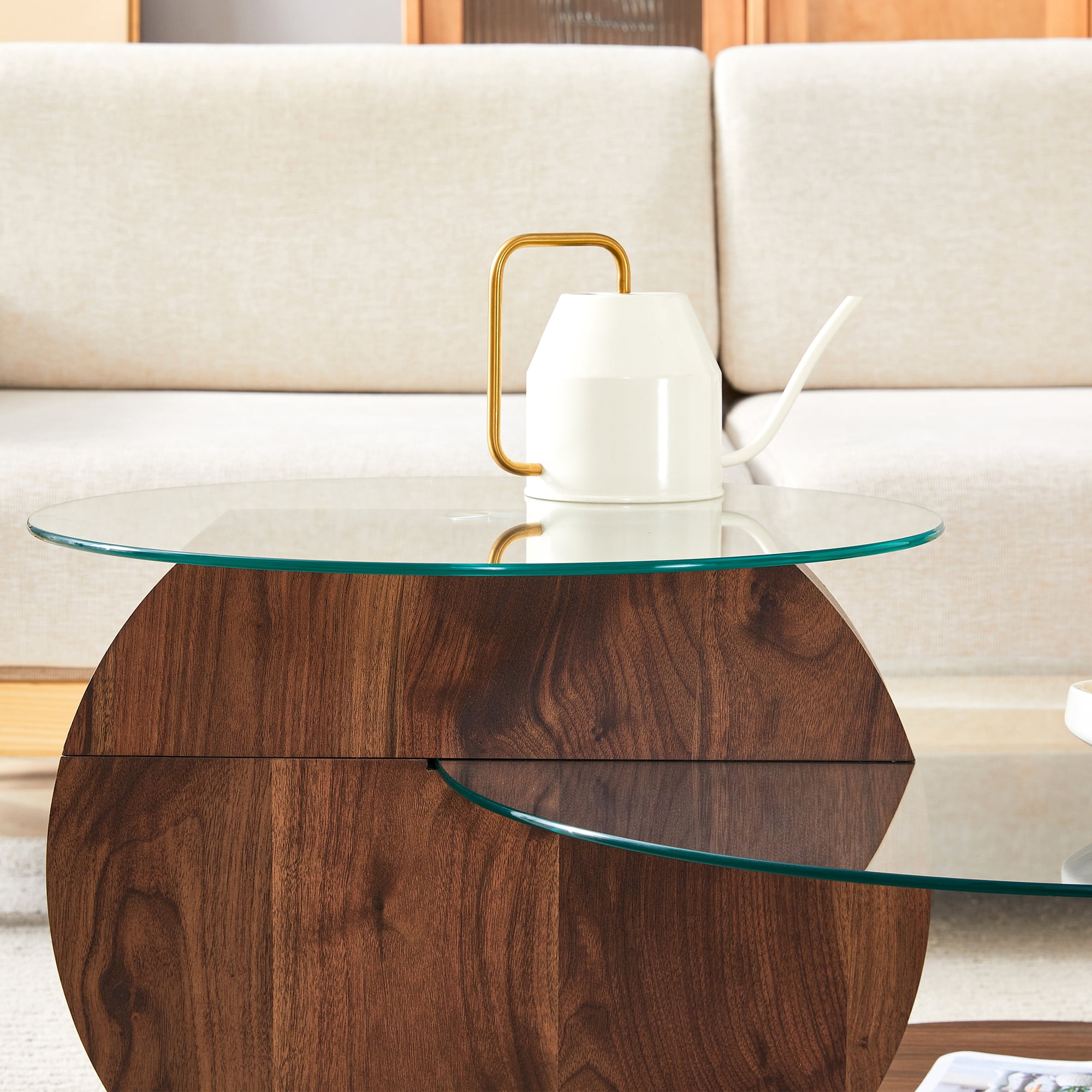 Vanress 42" Glass Coffee Table, Round Coffee Table, Modern Double Layer Round Glass Coffee Table for Living Room, Walnut