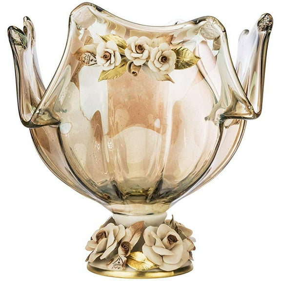 White Crystal WCN2780/FMS, Decorative Crown Murano Fruit Bowl, 14" x 12" Luxury Candy Vase, Floral-Themed Dessert Bowl