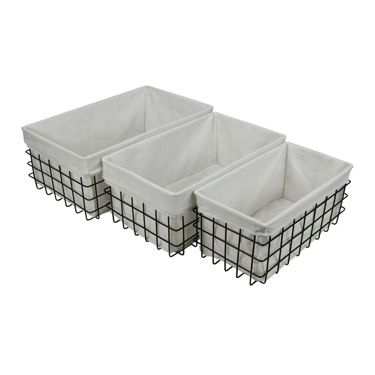 Set Of 3 Rectangular White Lined And Metal Wire Baskets Set Of 3 Rectangular White Lined And Metal Wire Baskets
