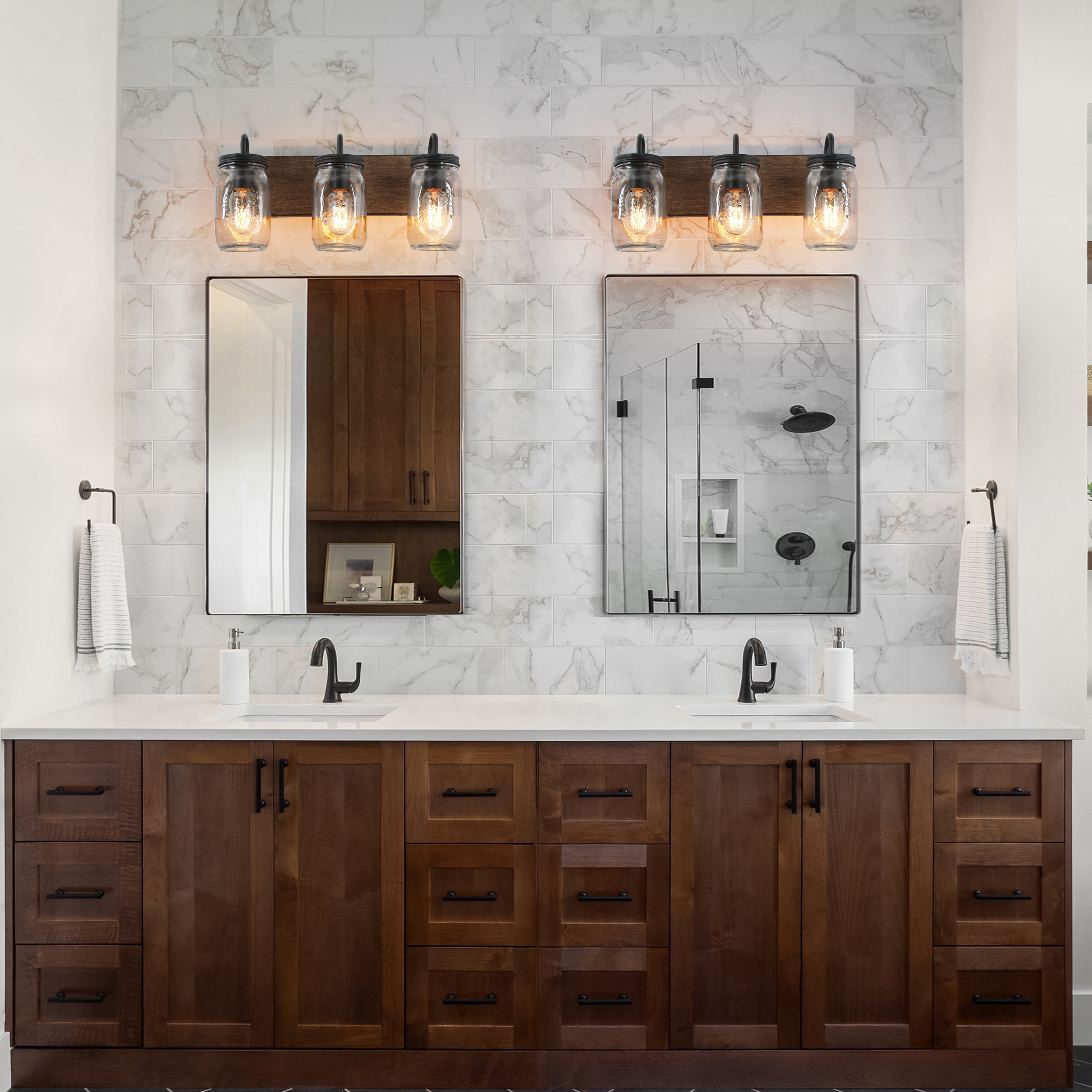 LNC Farmhouse Mason Jar Vanity Light, 3-Light Wood & Black Wall Fixture for Bathroom