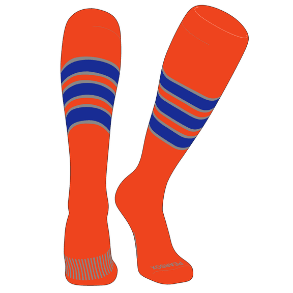 PEAR SOX Striped OTC Baseball, Softball, Football Socks (C) Orange, Silver, Royal (XS)