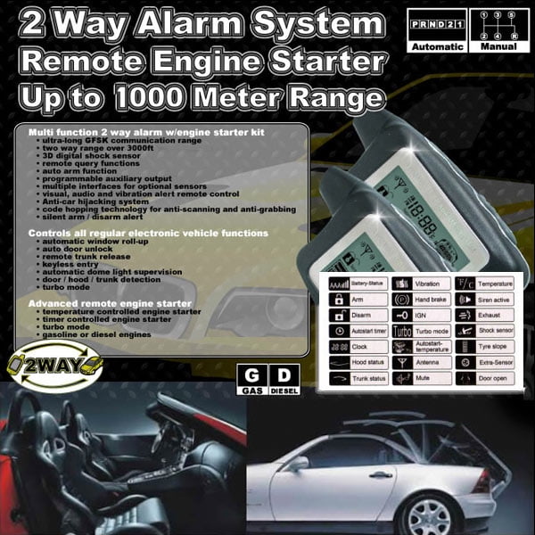 2-Way Car Alarm Security Alarm with LCD Status Display and Remote Engine Start for Dodge//Nissan SX 2.0 Altima GT-R Juke Leaf Lucino