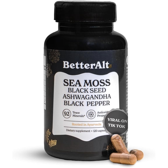 BetterAlt Sea Moss Capsules with Ashwagandha, Black Seed Oil & Black Pepper – 120ct