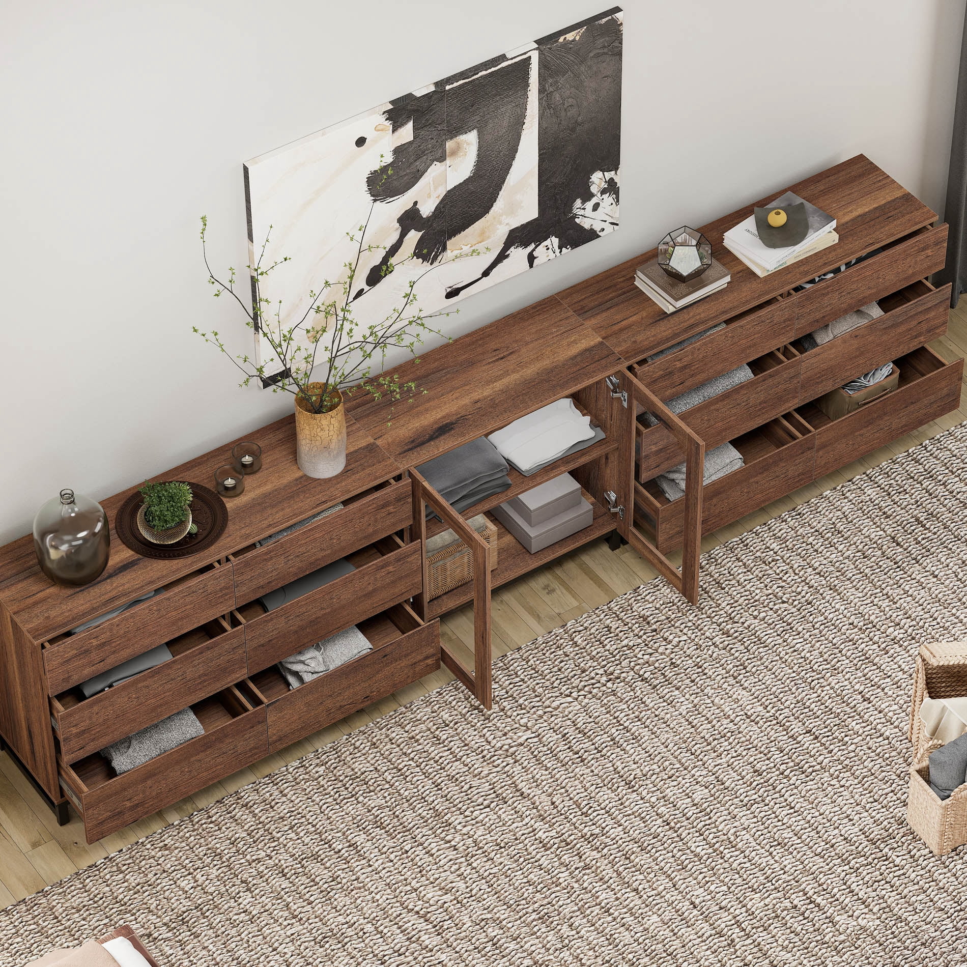 Modern Dresser with Tempered Glass Doors, 12 Drawers Storage Chest with Adjustable Shelves, 3 In 1 Household Closet Organizer for Bedroom,Brown