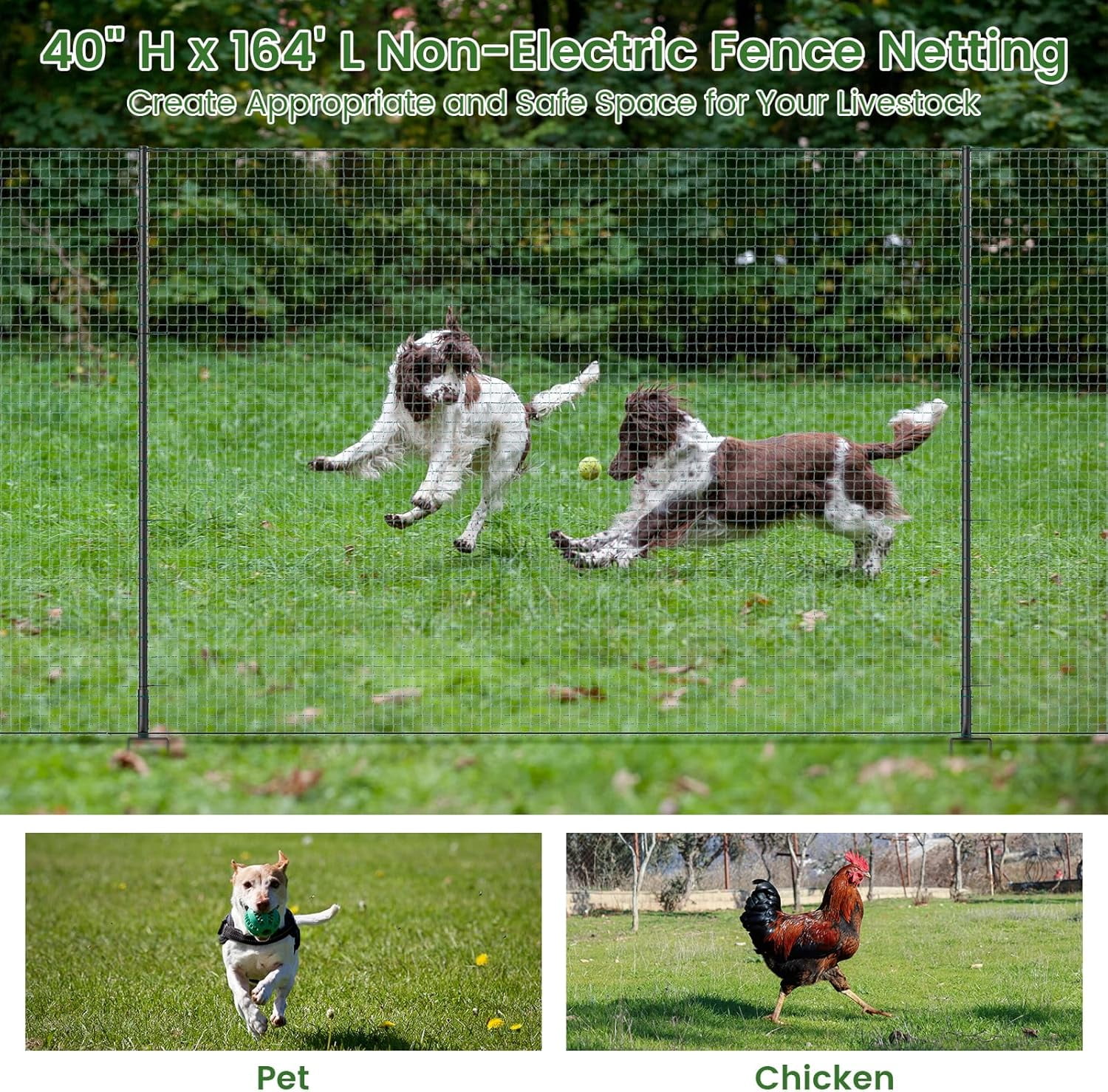 Non Electric Fence Netting for Livestock, 40" x164' Portable Poultry Nets Mesh for Chickens, Goats, Sheep, Dog, All-Purpose Fencing for Backyards, Homesteaders, Farms Ranches, and Gardens