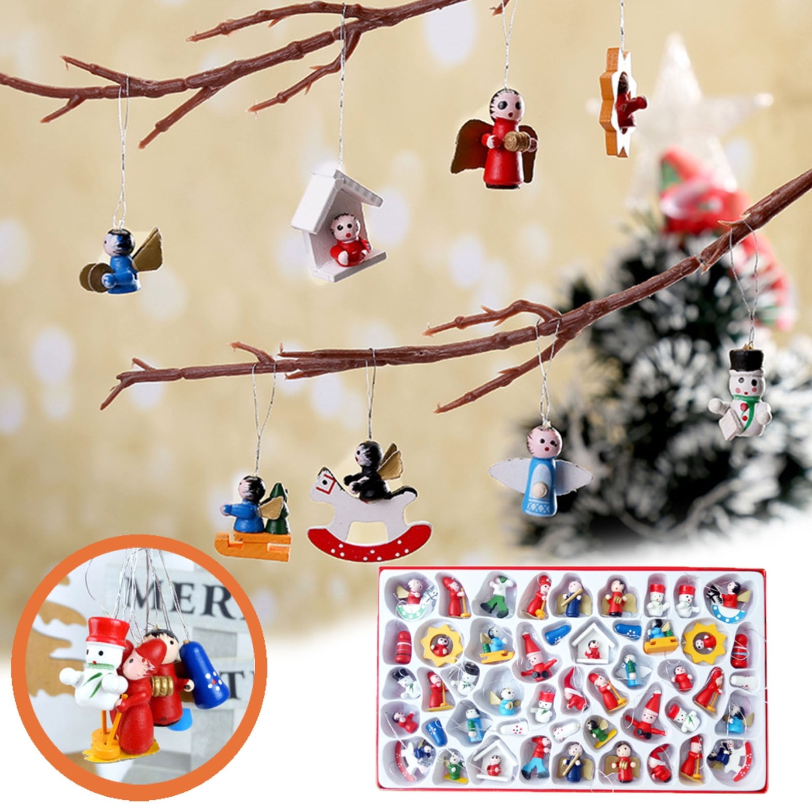 EQWLJWE 48 Pieces Mini Christmas Ornaments Wooden Ornaments Miniature