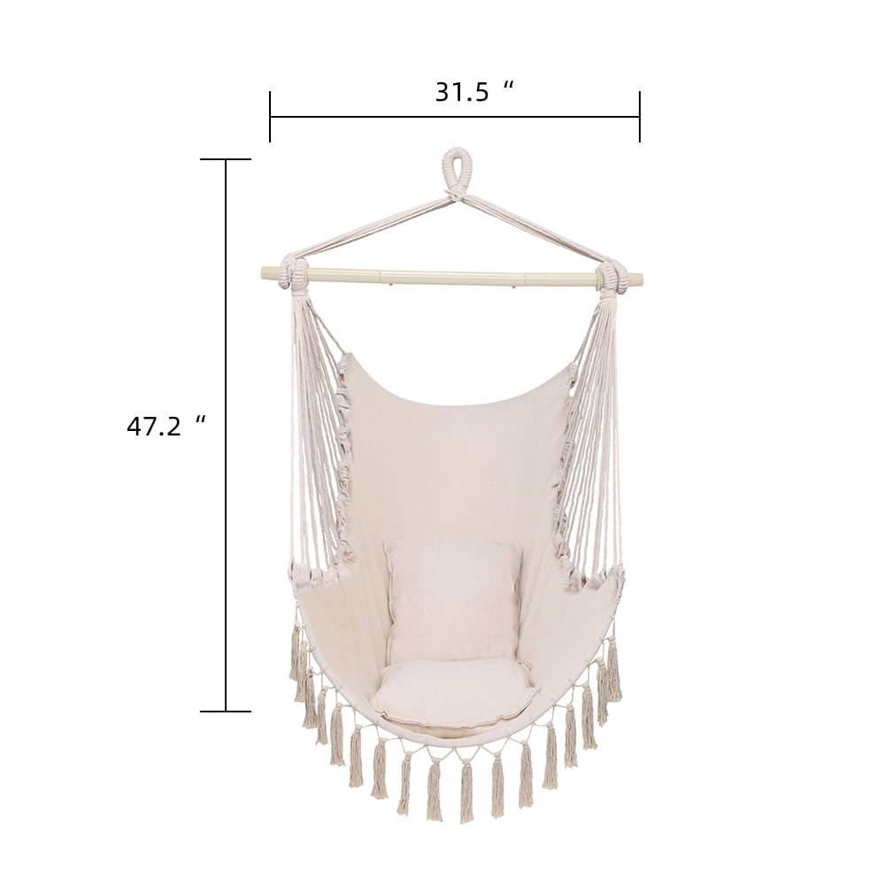 BAYUELSWU Hammock Chair with 2 Cushions, Hanging Rope Rope Swing with Tassel for Indoor/Outdoor, Garden Yard, Backyard, Living Room (Beige)
