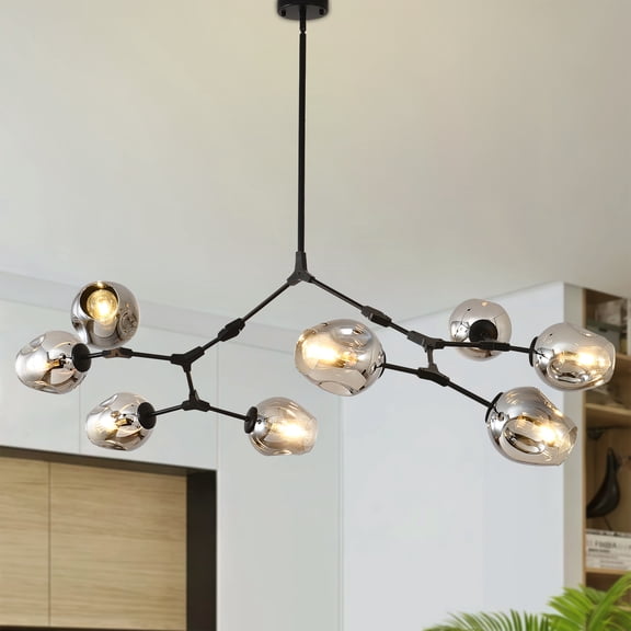 8-Light Sputnik Chandelier, 59.64" Modern Farmhouse Ceiling Light with Smoky Gray Glass Shades | Adjustable Height Black Metal Branch Chandelier for Large Dining Room, Kitchen Island