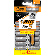 BIC Flex 5 Refillable Razors for Men, Long-Lasting, 5-Blades, 1 Handle and 12 Refills