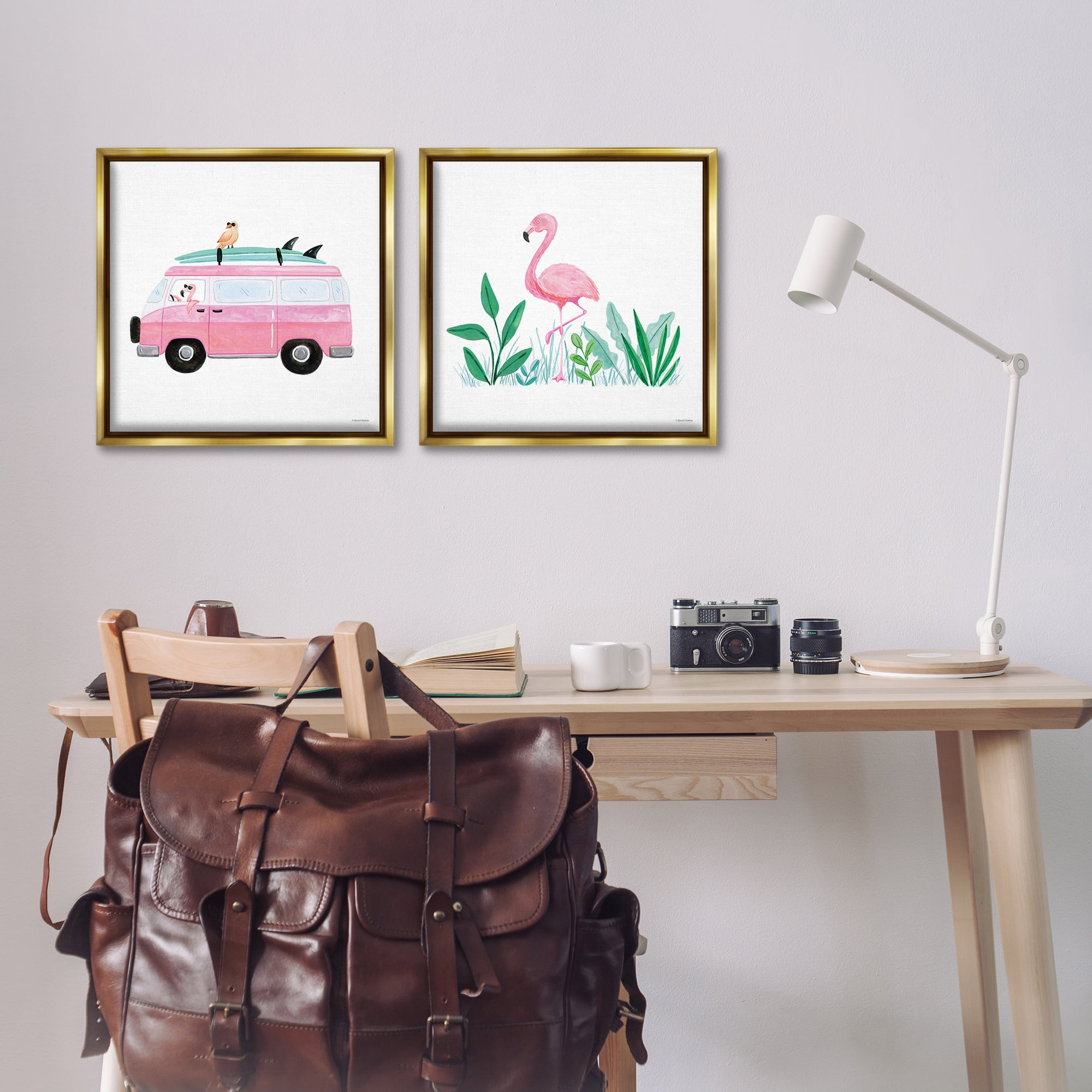 Stupell Industries Flamingos Tropical Vacation Transportation Painting Gold Floater Framed Canvas Art Print Wall Art, 18 x 18, Set of 2
