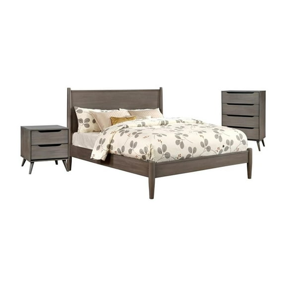 Allora 3pc Mid-Century Wood Bedroom Set - Queen   Nightstand   Chest in Gray
