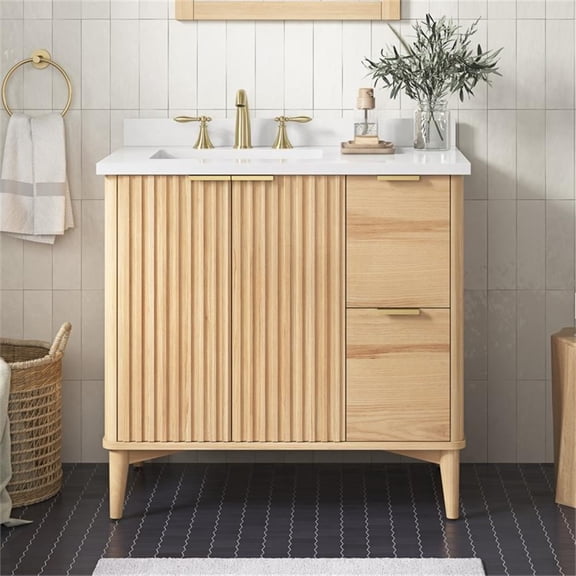 Pemberly Row 36" Bathroom Vanity in Rustic Ash with White Countertop