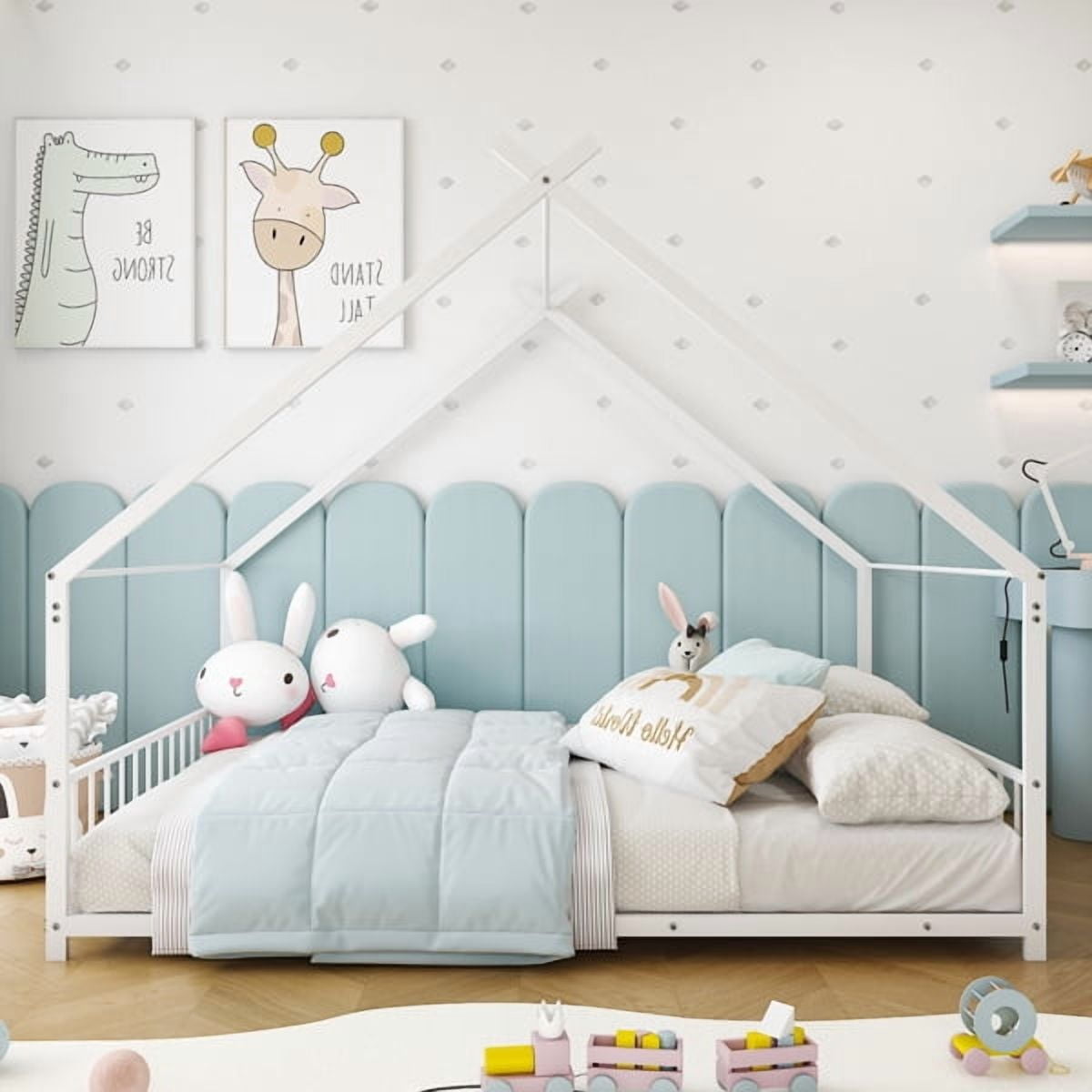 Alvantor Twin Metal House Bed for Kids and Toddlers with Side Guardrails, No Box Spring Needed, White