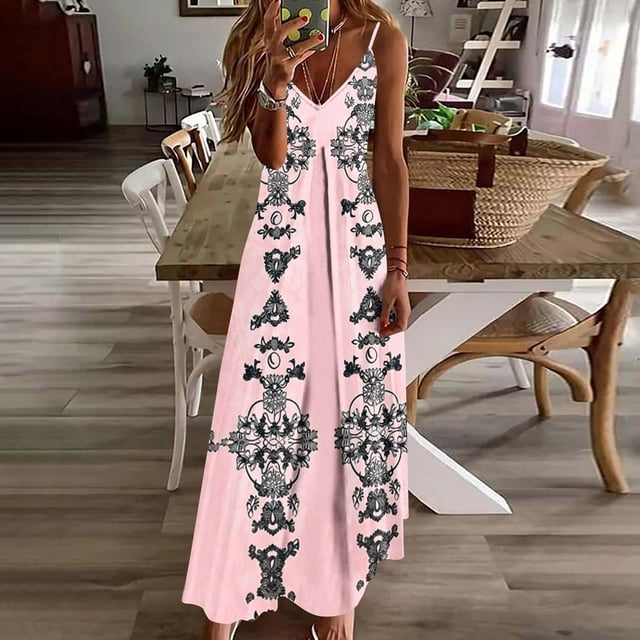 LVHAOGJOB Longue Robe pour Femmes Maxi Robe d'Été à Bretelles Spaghetti Imprimée Sans Manches Tendance Grande Taille Robe d'Été pour Femmes