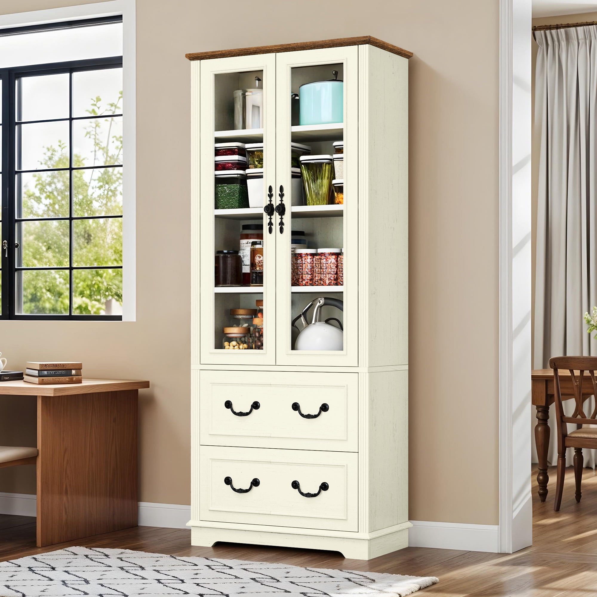 Uforic 76'' Kitchen Pantry Cabinet with 2 Drawers, Tall Storage Cabinet with Glass Doors & Adjustable Shelves, Beige
