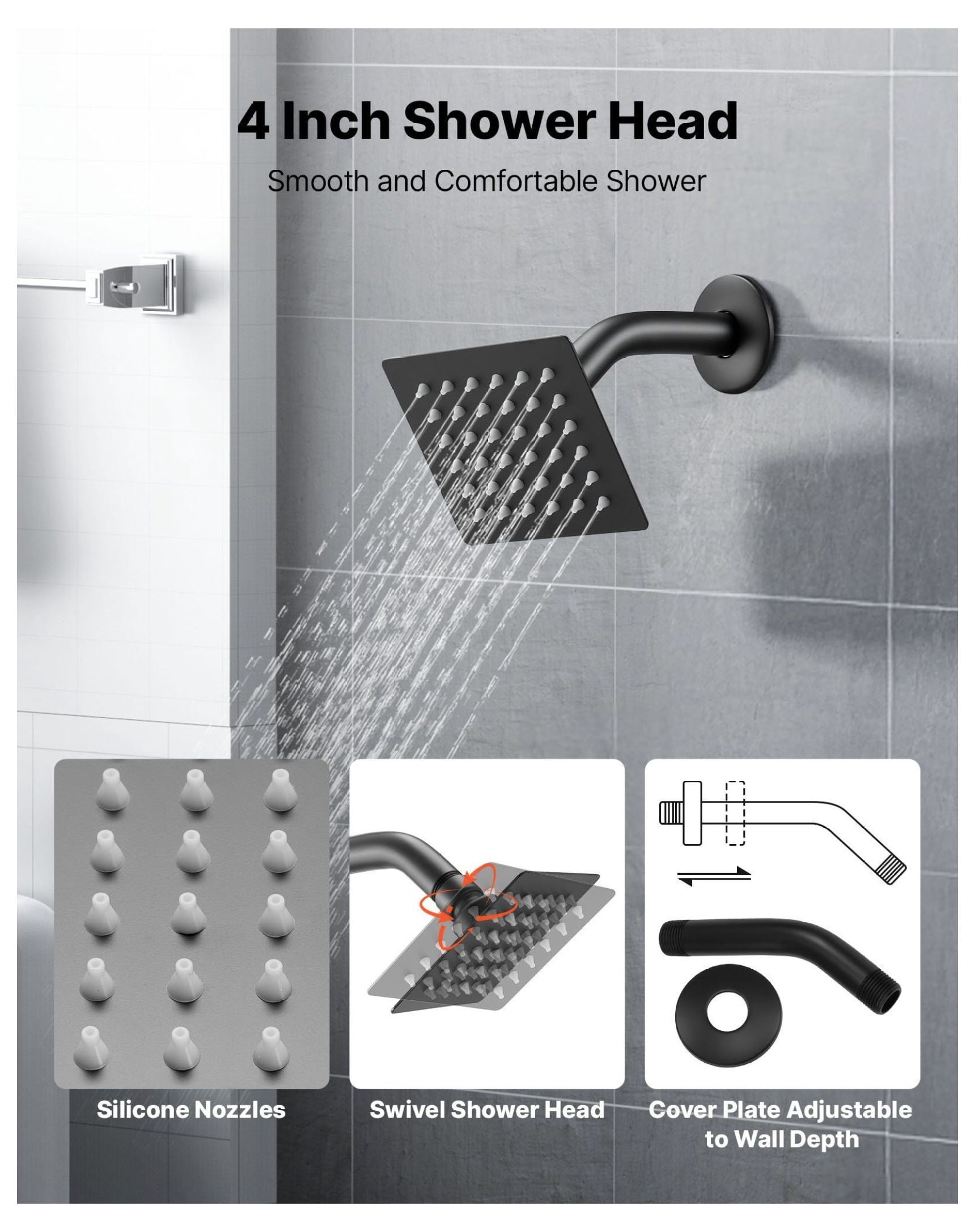 Tub & Shower Faucet Set, 4-Inch Rainfall Shower Head, Bathtub Spout, Matte Black