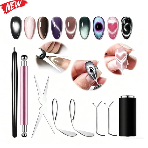 8Pcs Cat Eye Nail Magnet Tool Set, Multi‑Shape Strong Magnetic Wands & Pens, Create French 3D Light‑Streak Effects for Cat Eye Gel Polish, DIY Manicure Supplies for Home & Professional Nail Salon