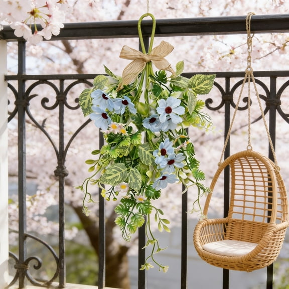 Faux Daisy Teardrop Wreath with Bow, Artificial Spring Summer Swag Wreath for Front Door Farmhouse Kitchen Cabinet, for Porch Wall Window Decor Floral Design