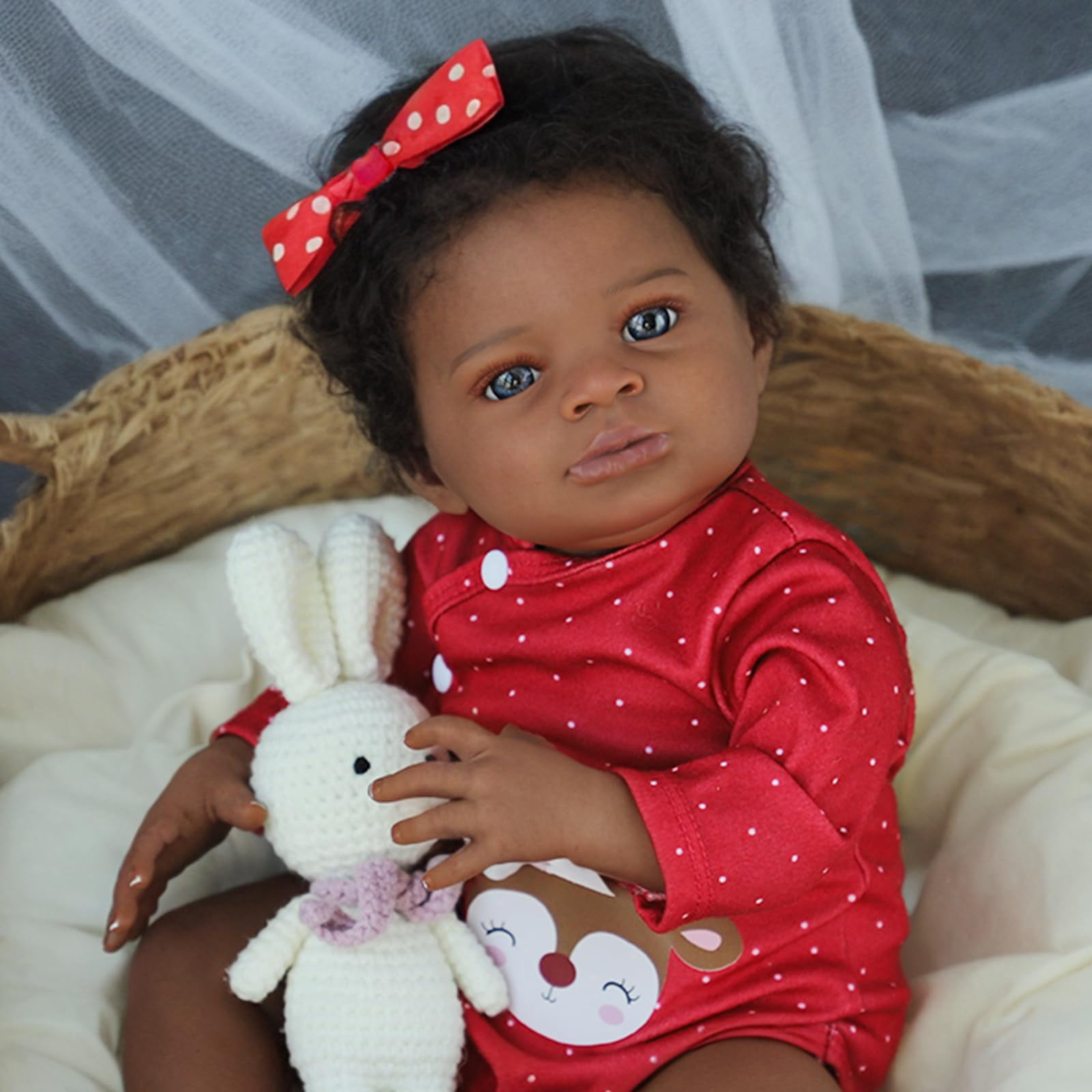 20 Inch Reborn Baby Doll Black Doll, Lifelike Baby Doll with Soft Cloth Body, Hand Rooted Curly Hair, Realistic African American Doll Toy for Kids Age 3+
