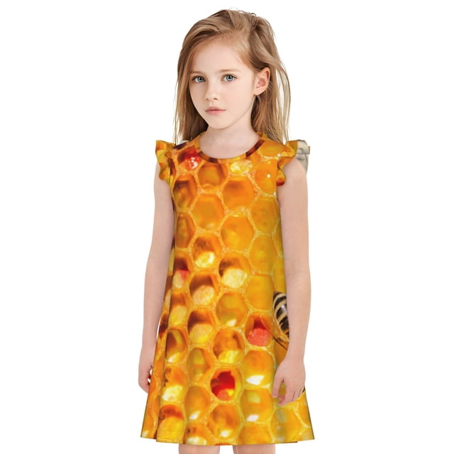 Fotbe Bees on Hive Honeycomb Vestido de Dormir para Niñas de 3 a 10 Años, Mangas Cortas, Estilo Princesa, Pijama Camisón con Mangas Voladas-Medium