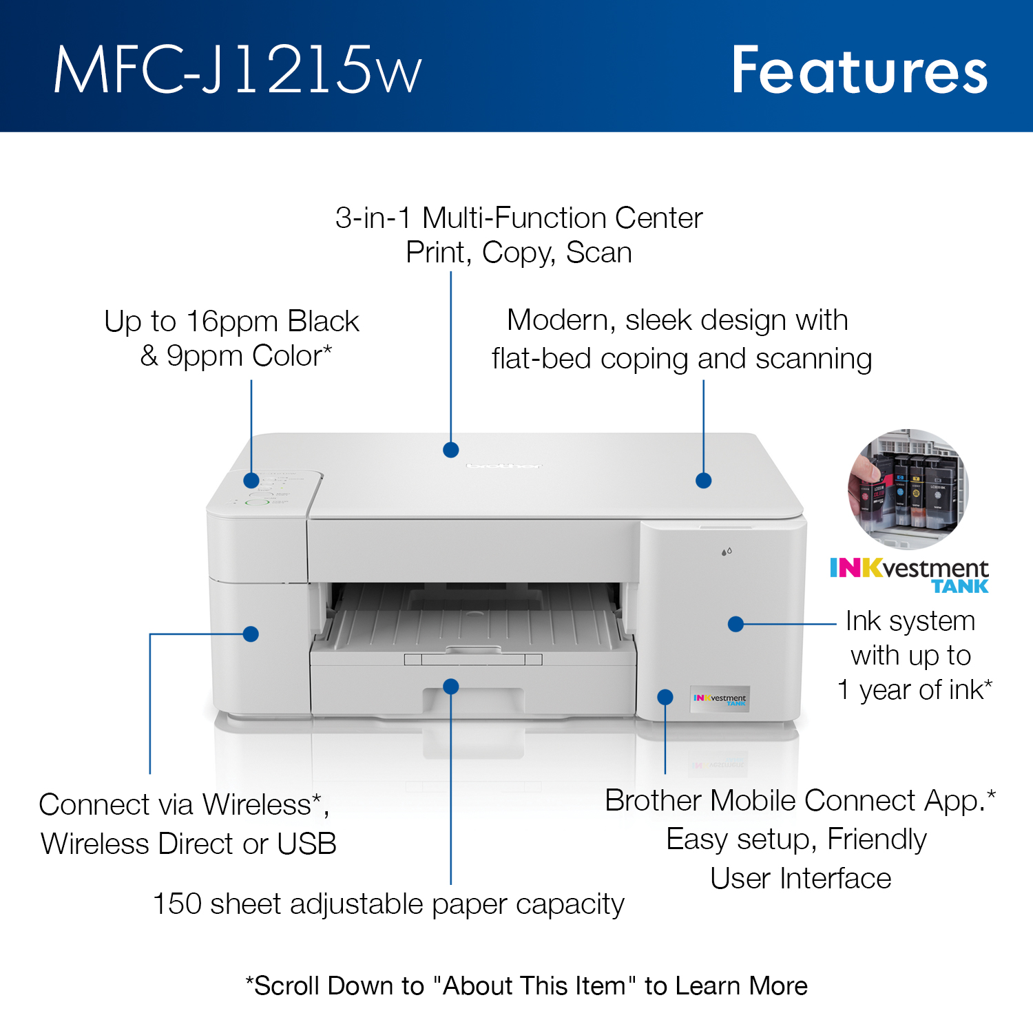 Brother MFC-J1215W INKvestment Tank Wireless Multifunction Color Inkjet Printer - image 5 of 12