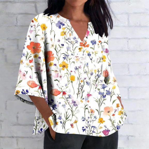 Ounisa Womens 3/4 Sleeve Tops Cotton Linen Plus Size Shirts V Neck Casual Loose Fit Blouses Boho Fashion Spring/Summer Casual Vacation Top