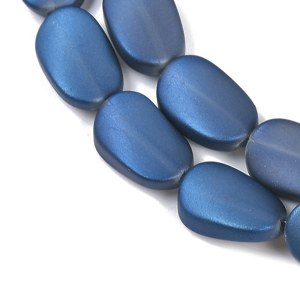 Electroplate Glass Beads Strands Frosted Oval Steel Blue 14x9x4.5mm Hole: 1mm about 50pcs/strand 27.17 inch(69cm)