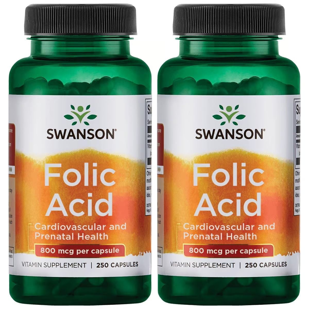 Swanson Folic Acid B-Vitamin Supplement, Supports Prenatal Health & Heart Health, 250 Capsules, 800 mcg (2-pack)