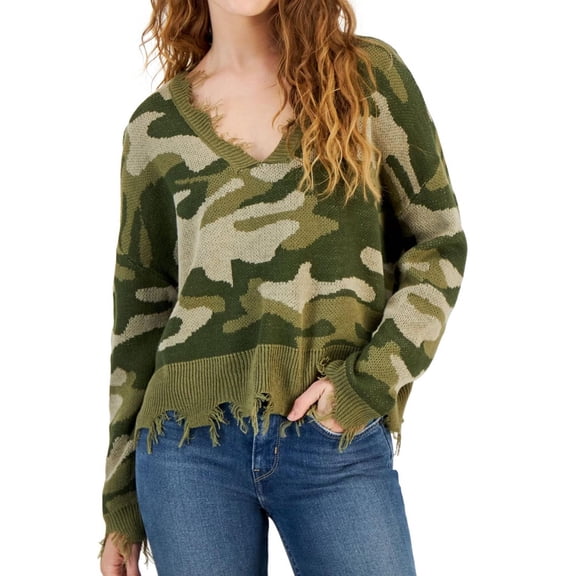 JUST POLLY Womens Frayed Edge Pullover Sweater, Green, Juniors, Small