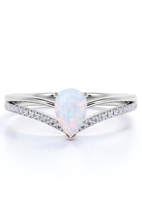 1 ct Pear Shaped Welo Opal and Moissanite Split Shank Engagement Ring in 18K White Gold over Silver