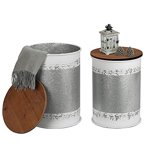 Rustic Storage Ottoman Seat Stool, Farmhouse Accent Side Table, Antique Galvanized Metal End Table Box Bin with Round Wooden Lid Set of 2 (Distressed White)