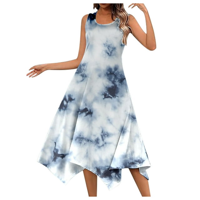 asddcavvf Robes pour Femmes Robe d'Été Décontractée Sans Manches Imprimée Teinture sur Nœuds Ourlet Mouchoir