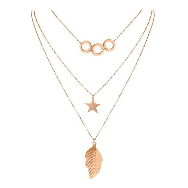 COLLAR TRIPLE CON PLUMA, ESTRELLA, AROS 14K rosa 50 cm