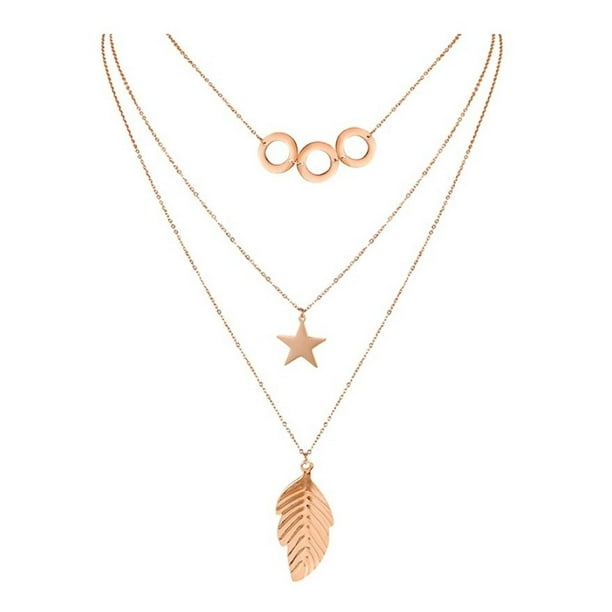 COLLAR TRIPLE CON PLUMA, ESTRELLA, AROS 14K rosa 50 cm