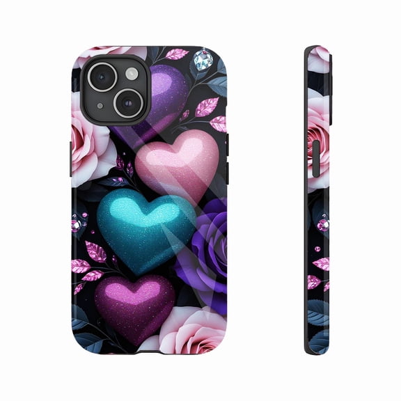 Glitter Hearts and Roses iPhone Case for Valentine's Day Gift, Compatible with iPhone 11/12/13/14/15/16 (Pro Max/Plus)