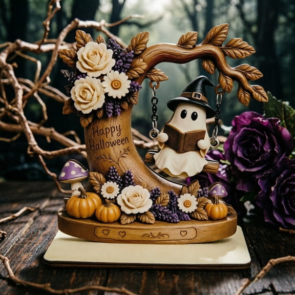 XINGXIAN - Retro Floral Pumpkin Resin Halloween Decor, 5.9 Inch Moon Shaped Tree Ghost Statue with Swing Design, Halloween Decorations Indoor, Halloween Home Decor, Halloween Gifts