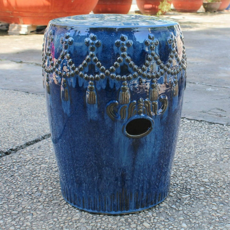 International Caravan Tasseled Drum Creamic Garden Stool International Caravan Tasseled Drum Creamic Garden Stool